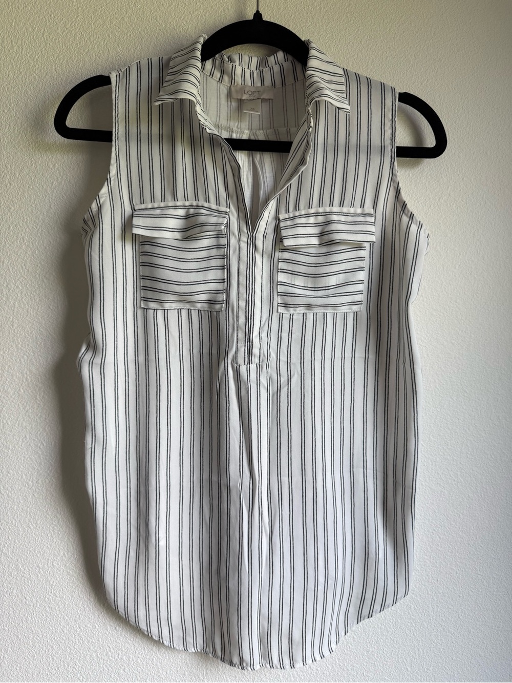 LOFT White Sleeveless Collared Tank with Black Pinstripes
